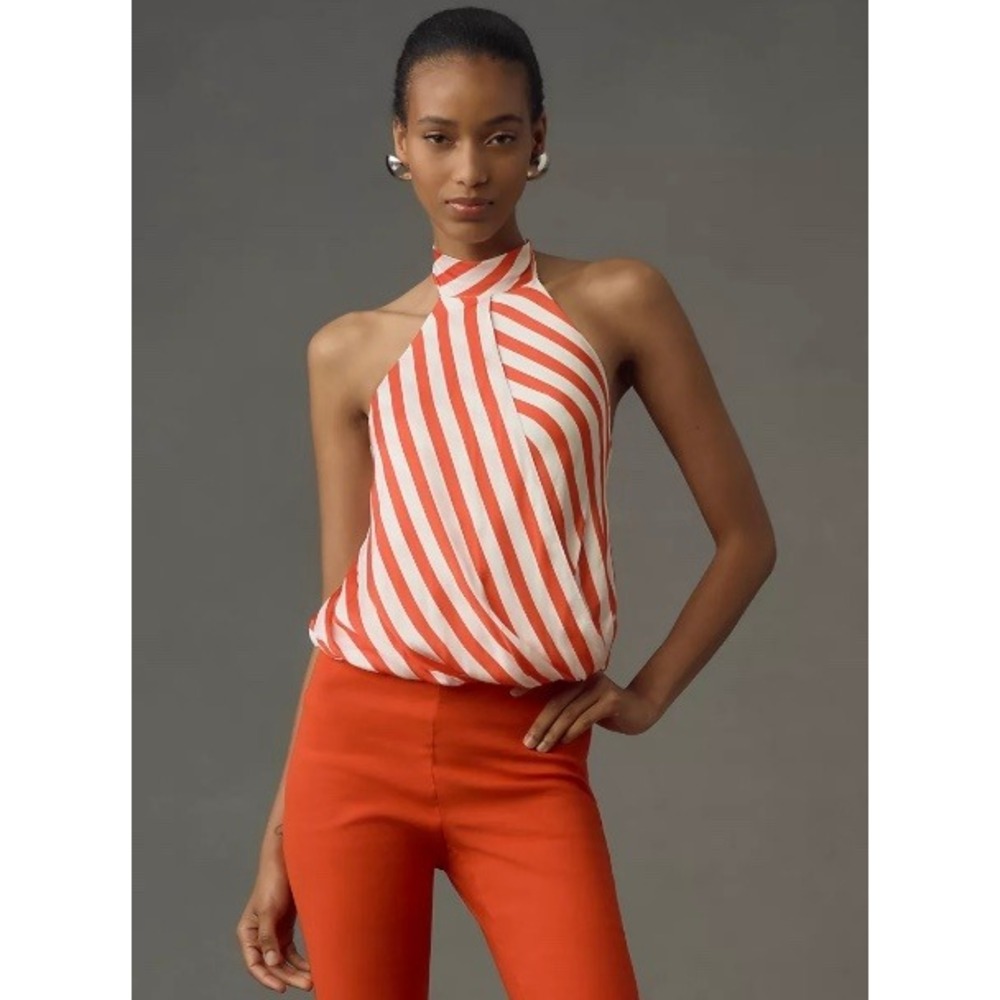 Maeve Halter Scarf Bubble Hem Top Red Orange White Striped Tie Back XS